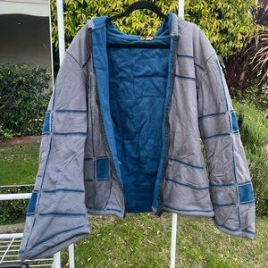 Patchwork Hooded Jacket in Gray & Teal Blue